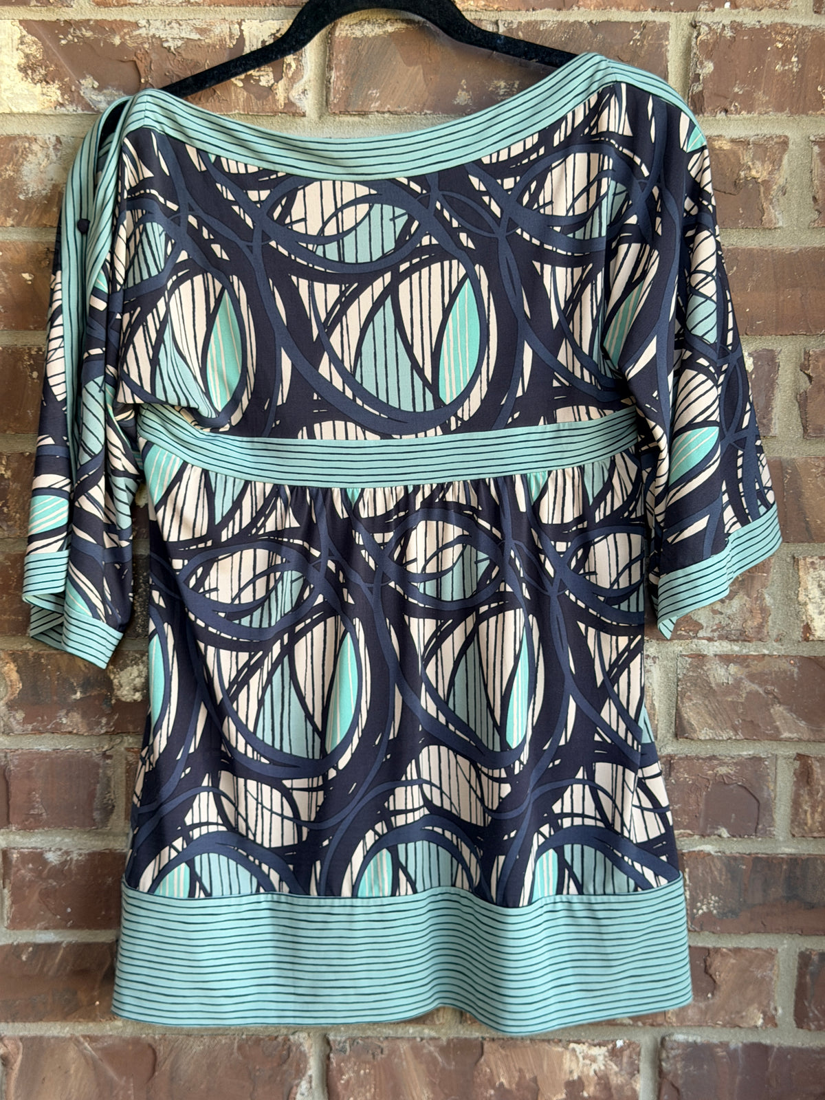 BCBG Women's Small Abstract Geometric Print 3/4 Sleeve Tunic Top Blouse