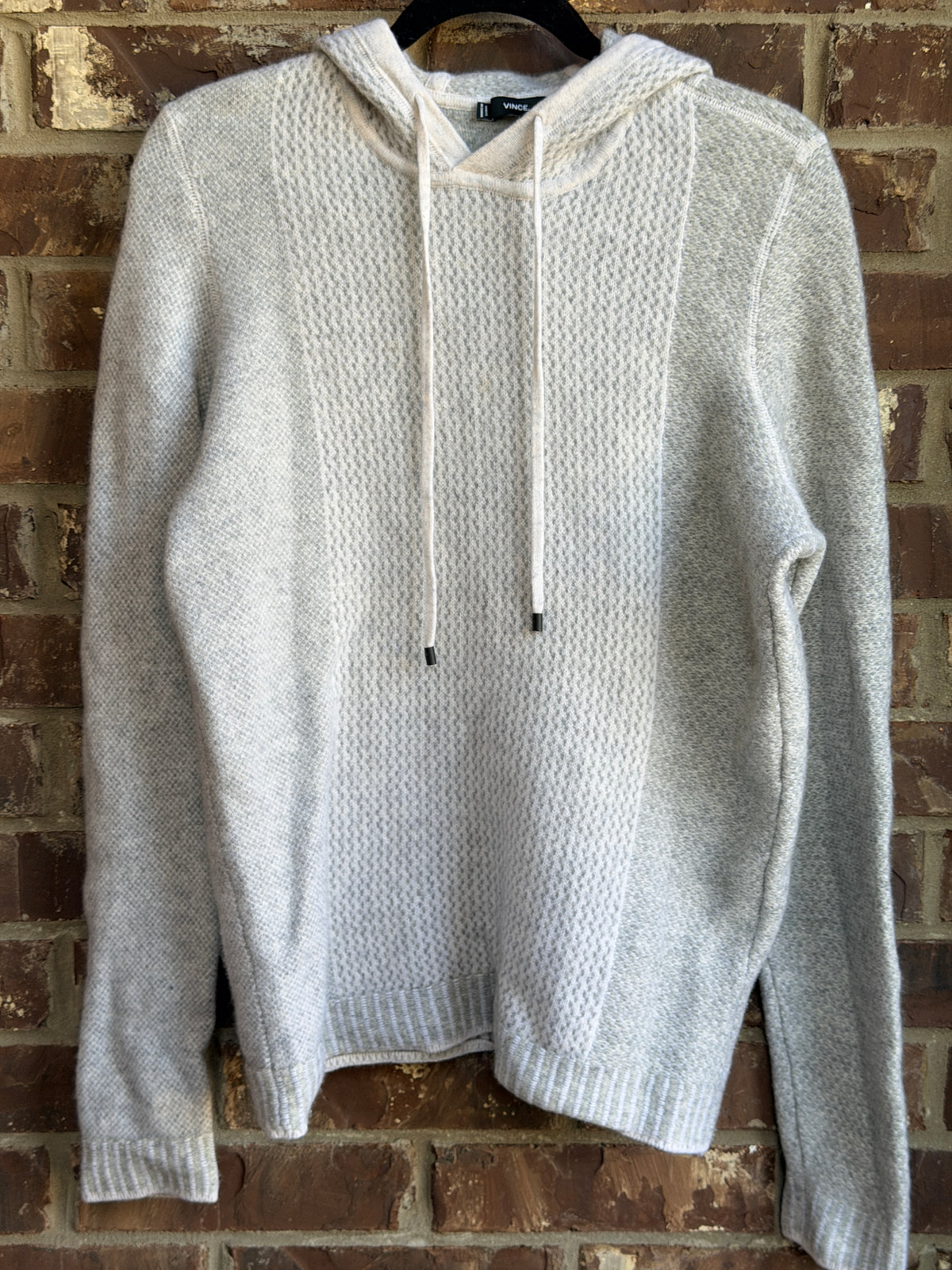 Vince Wool Cashmere Knit Hoodie Sweater Gray White Size Medium