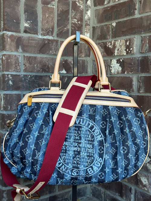 Louis Vuitton Porte Epaule Raye Handbag Striped Denim GM 65673