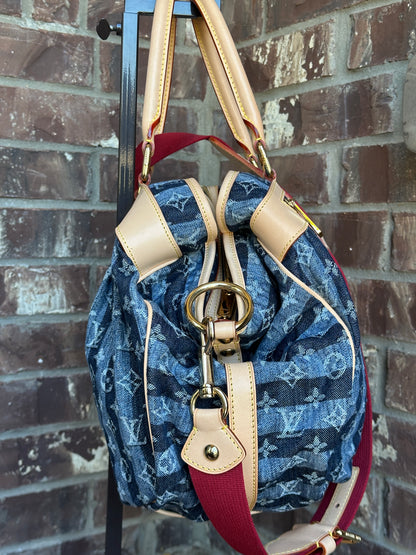 Louis Vuitton Porte Epaule Raye Handbag Striped Denim GM 65673
