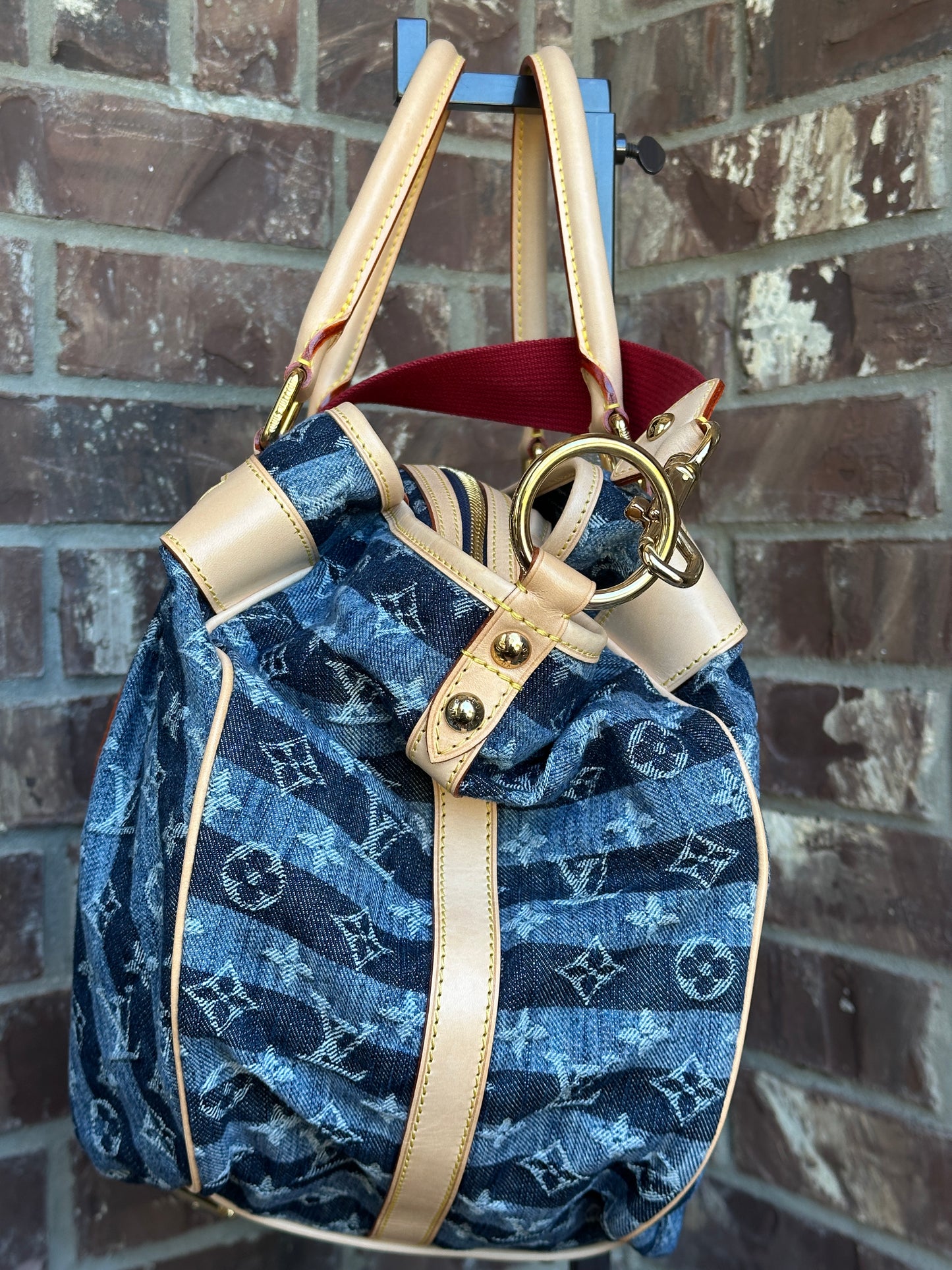 Louis Vuitton Porte Epaule Raye Handbag Striped Denim GM 65673