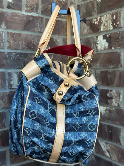 Louis Vuitton Porte Epaule Raye Handbag Striped Denim GM 65673