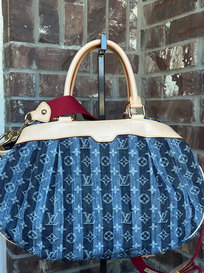 Louis Vuitton Porte Epaule Raye Handbag Striped Denim GM 65673