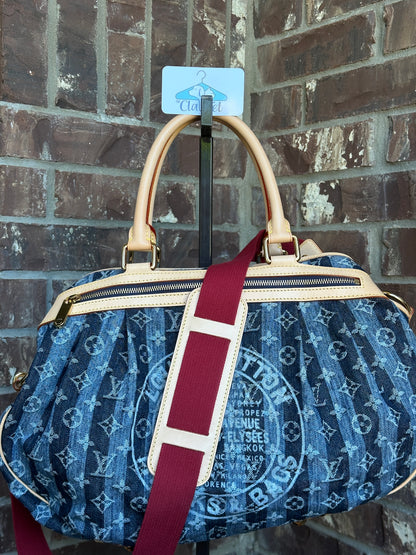 Louis Vuitton Porte Epaule Raye Handbag Striped Denim GM 65673
