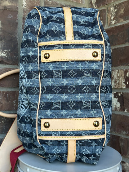 Louis Vuitton Porte Epaule Raye Handbag Striped Denim GM 65673