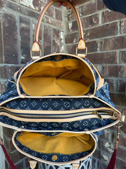 Louis Vuitton Porte Epaule Raye Handbag Striped Denim GM 65673