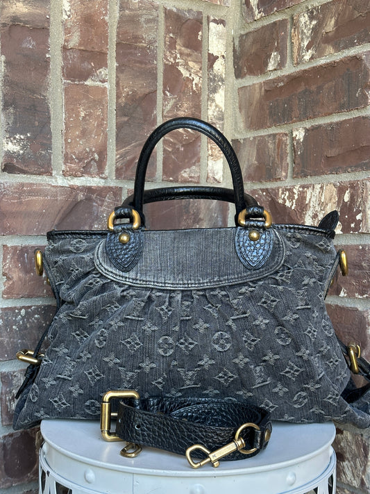 Louis Vuitton Neo Cabby Handbag Denim MM Black 64279