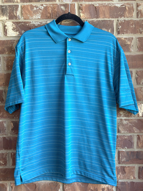 PGA Tour Men's Large Teal Striped Short Sleeve Performance Golf Polo Shirt