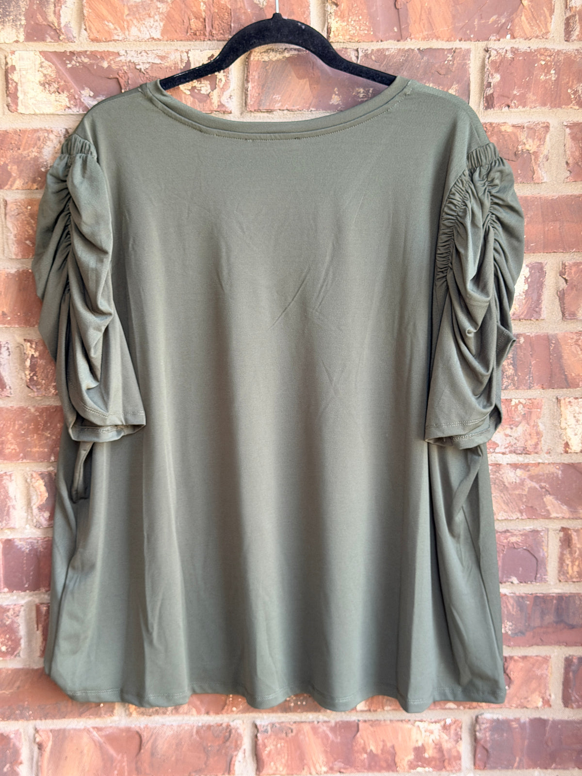 T Tahari Woman 3X Olive Green Ruched Sleeve V Neck Stretch Blouse