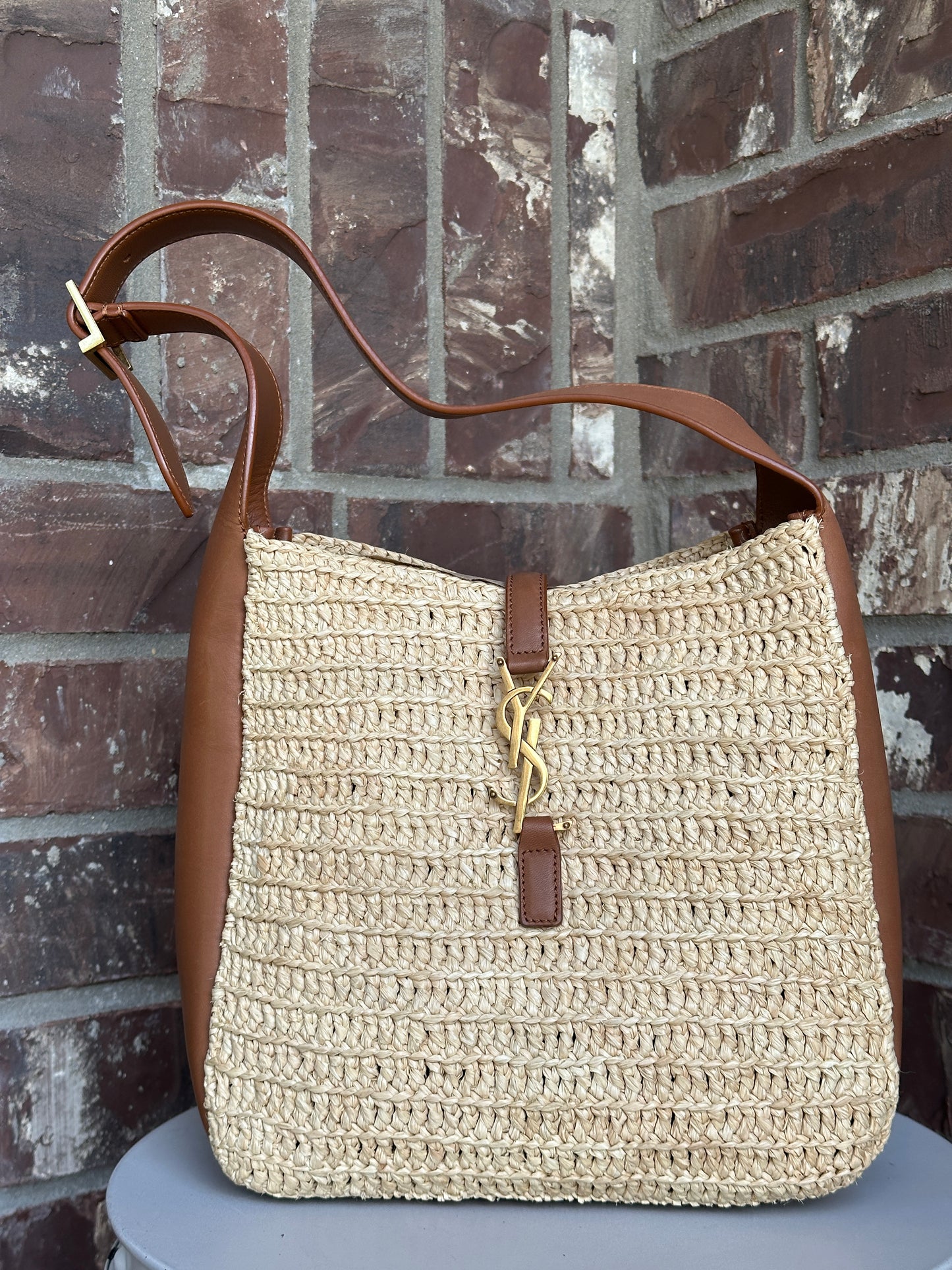 Saint Laurent Le 5 a 7 Supple Hobo Raffia and Leather Small Tan 31165