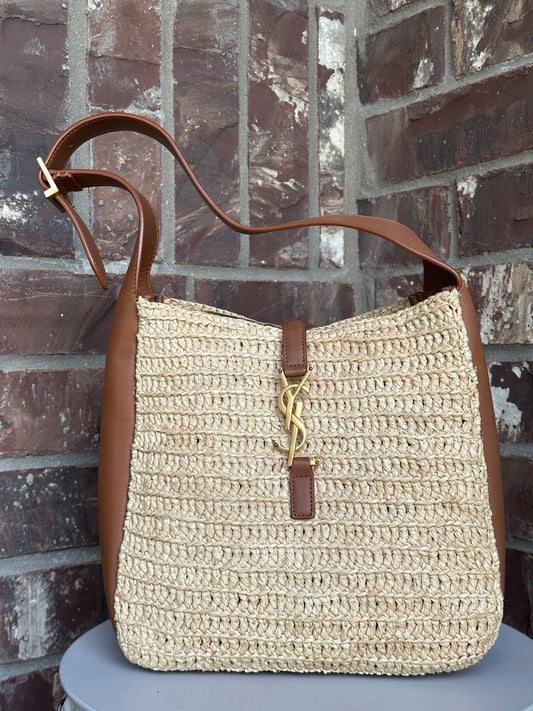 Saint Laurent Le 5 a 7 Supple Hobo Raffia and Leather Small Tan 31165