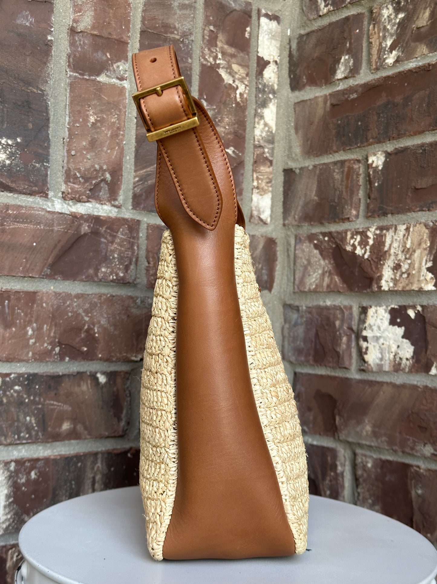 Saint Laurent Le 5 a 7 Supple Hobo Raffia and Leather Small Tan 31165