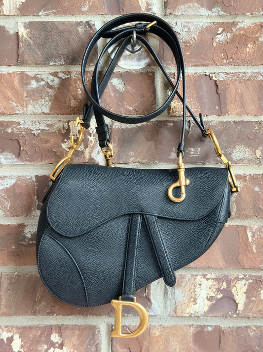 Christian Dior Saddle Handbag with Strap Leather Medium Black 73458