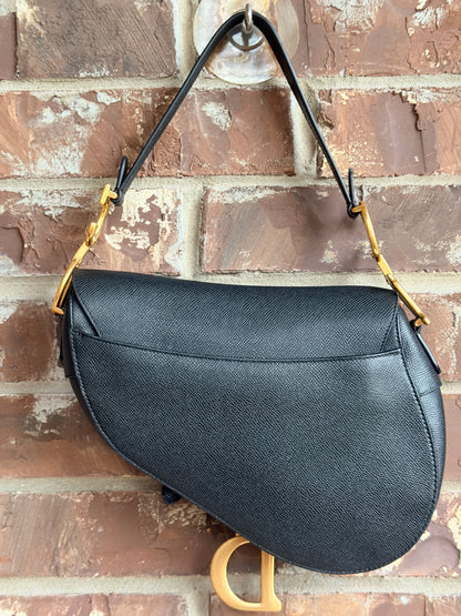Christian Dior Saddle Handbag with Strap Leather Medium Black 73458