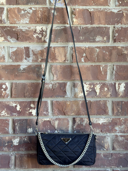 Prada Chain Zip Shoulder Bag Quilted Tessuto Small Black 73931