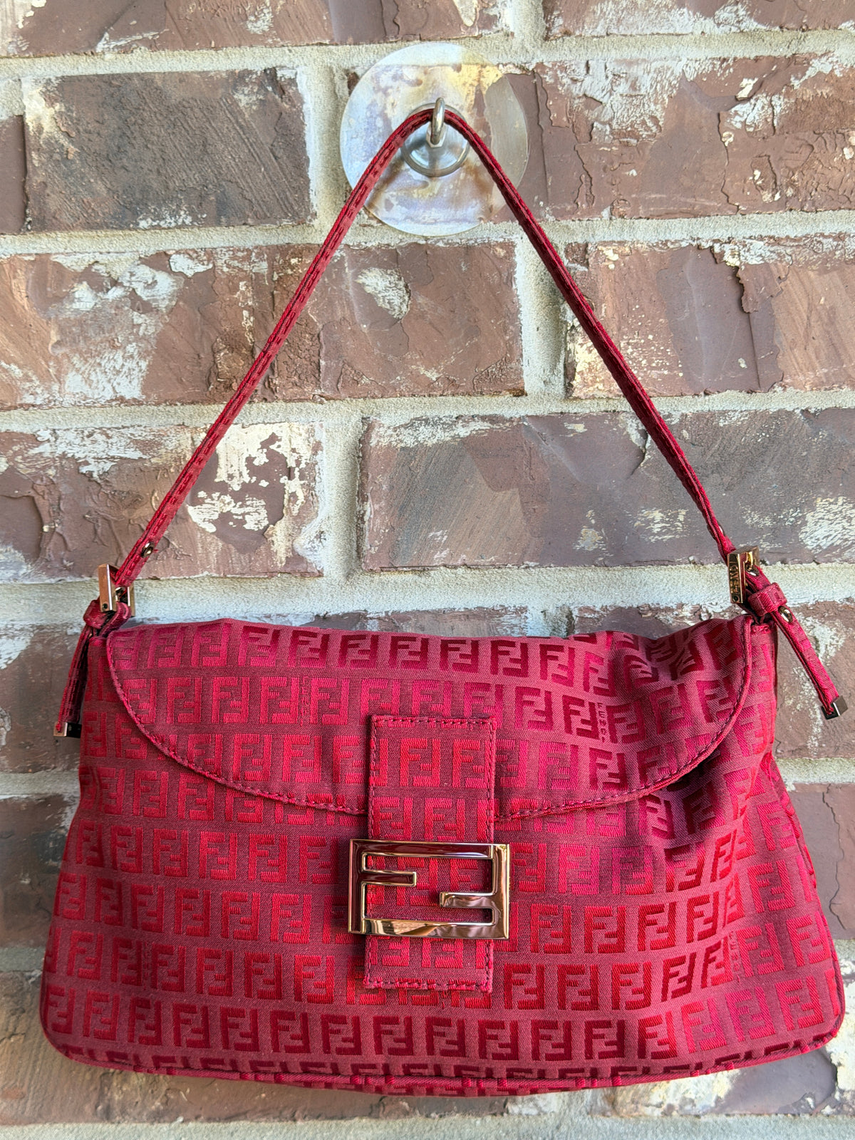 Fendi Double Flap Bag Zucchino Canvas Large Red 84748