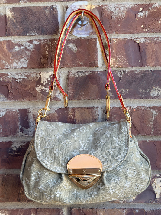 Louis Vuitton Sunset Handbag LV Remix Monogram Denim Green 89357