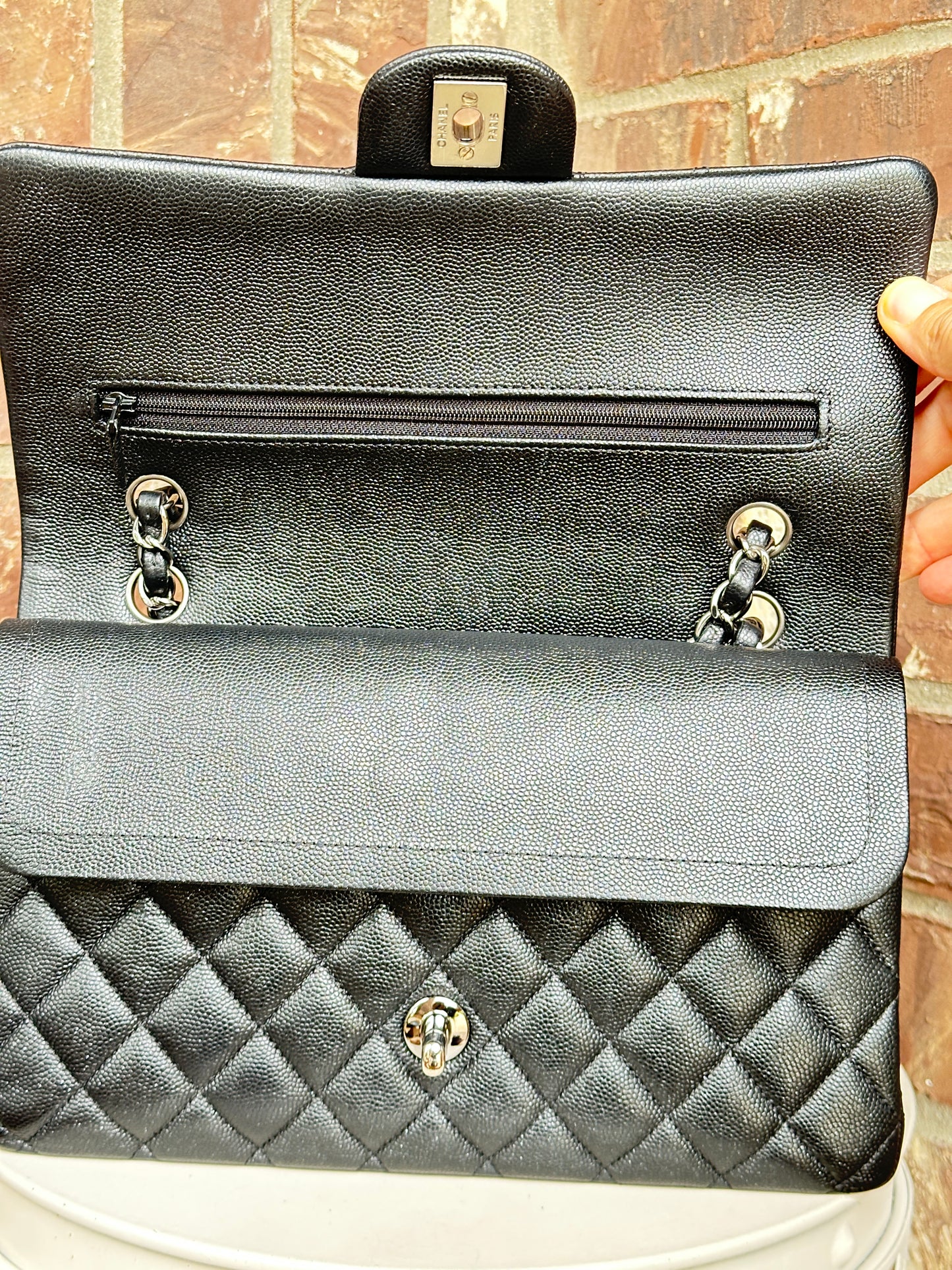 Chanel Classic Double Flap Bag Quilted Iridescent Caviar Medium Black 82735