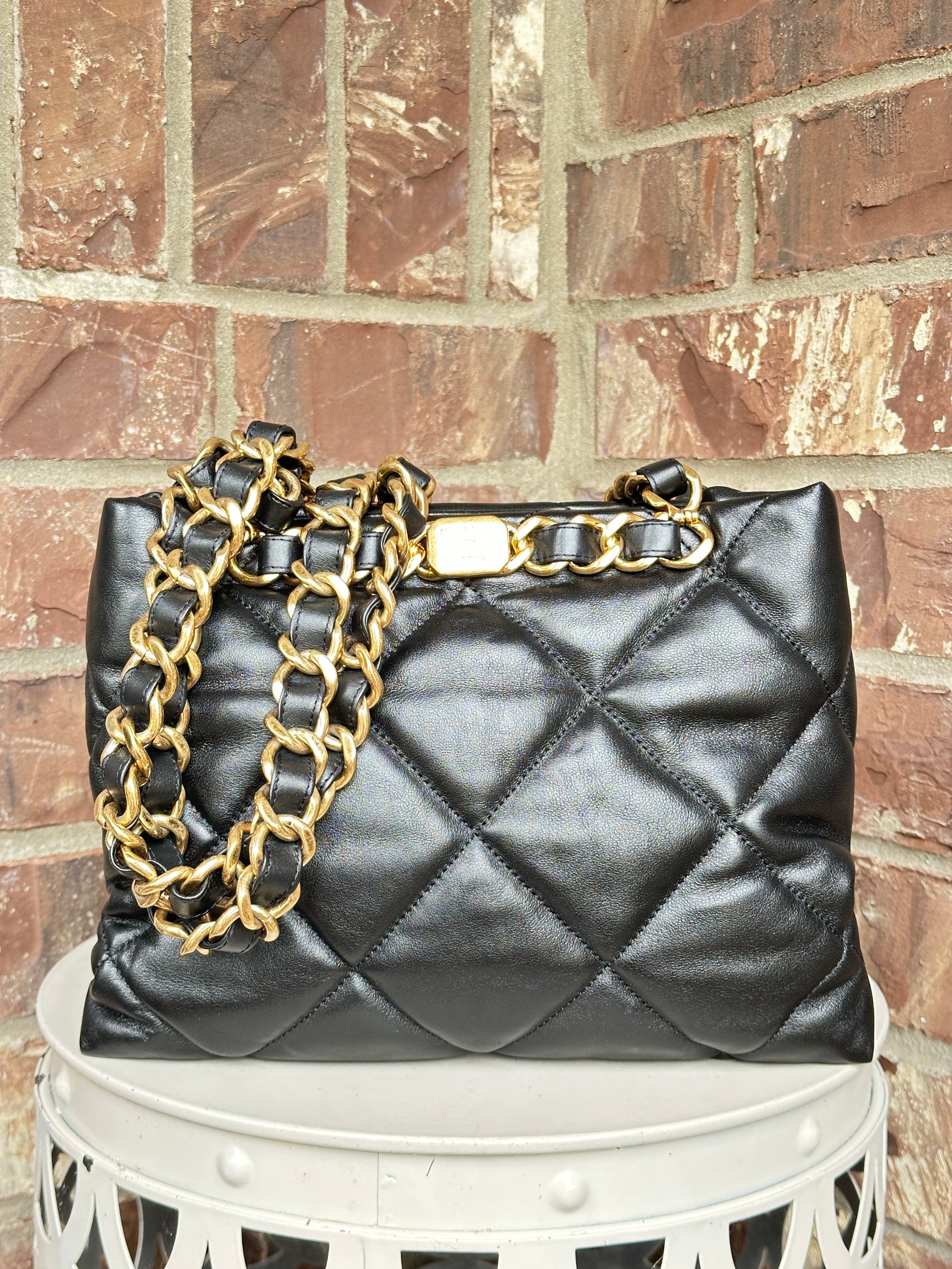Chanel CC Bar Chain Handle Shopping Tote Lambskin Small Black 47816