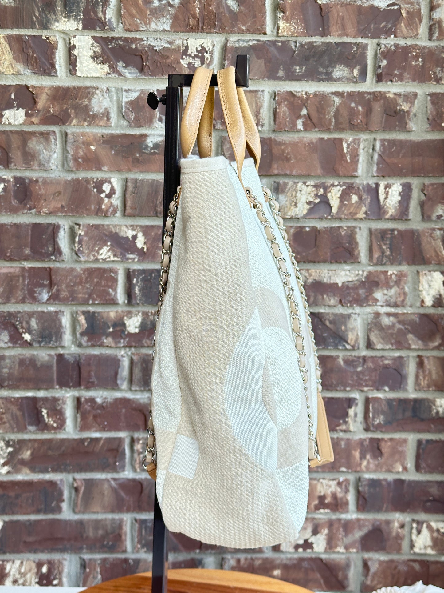 Chanel Deauville Logo Shopping Tote Printed Raffia Large Cream 96524