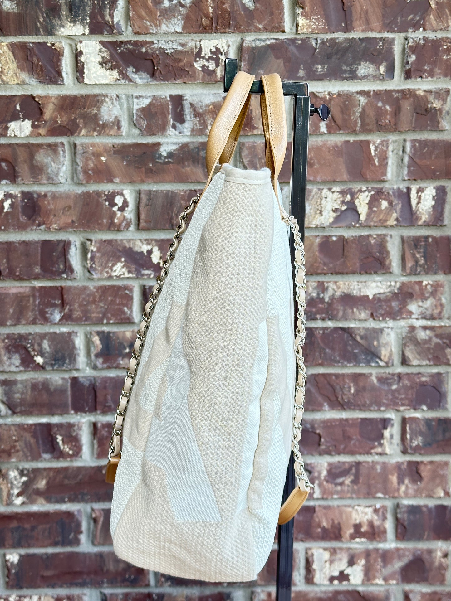 Chanel Deauville Logo Shopping Tote Printed Raffia Large Cream 96524