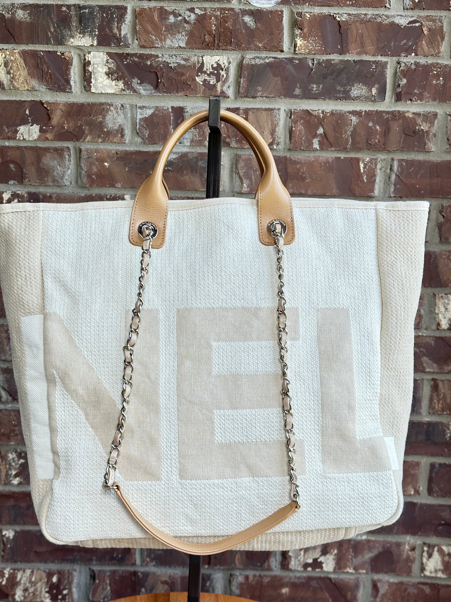 Chanel Deauville Logo Shopping Tote Printed Raffia Large Cream 96524