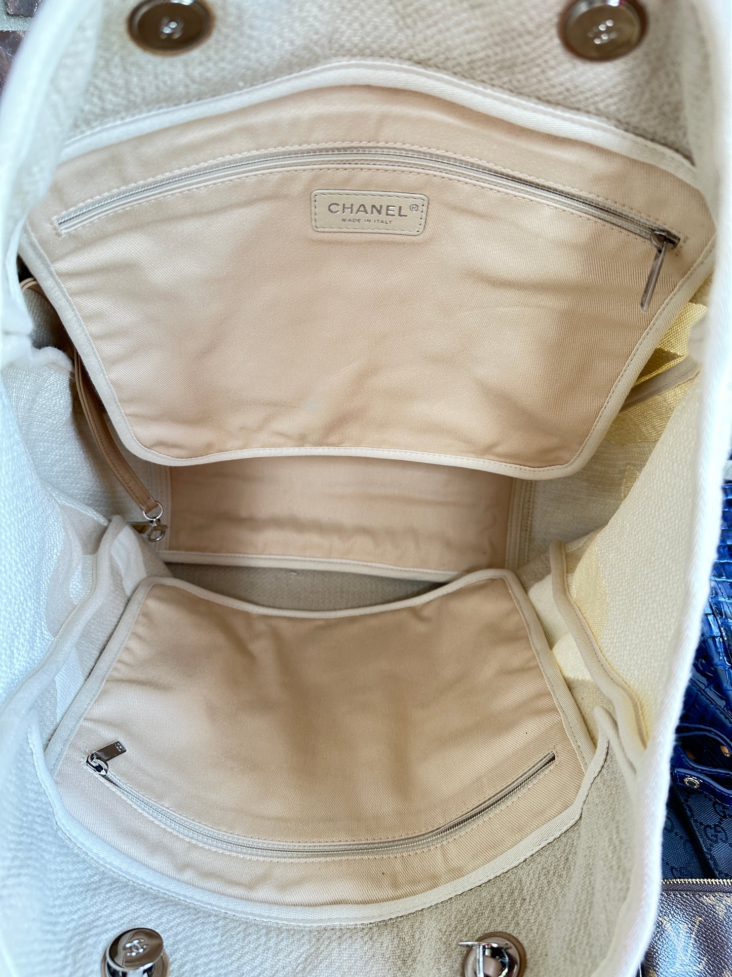 Chanel Deauville Logo Shopping Tote Printed Raffia Large Cream 96524