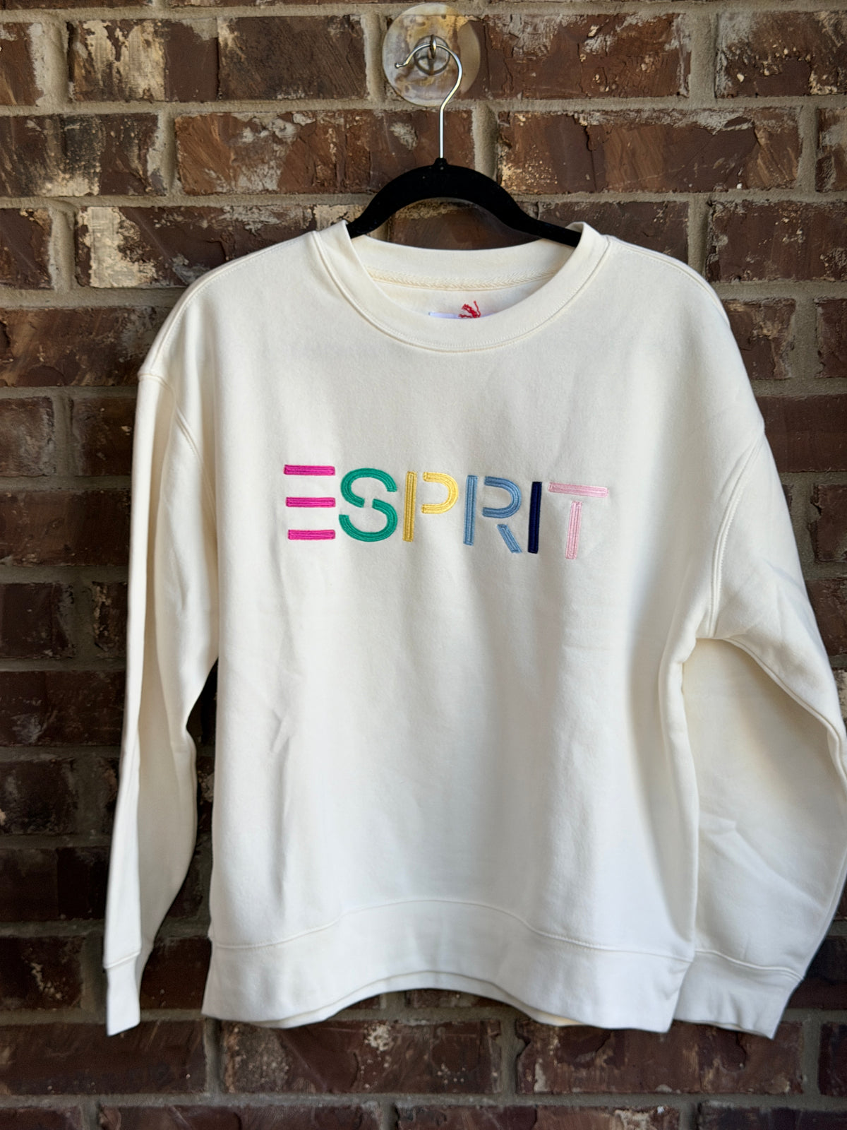 NWT Esprit Women's Logo Fleece Crewneck Sweatshirt M Ivory Multicolor Embroidered