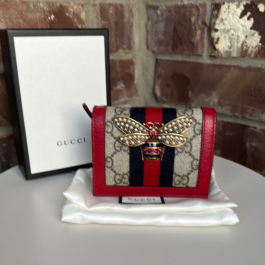 Gucci GG Supreme Red Canvas Web Stripe Bee Wallet